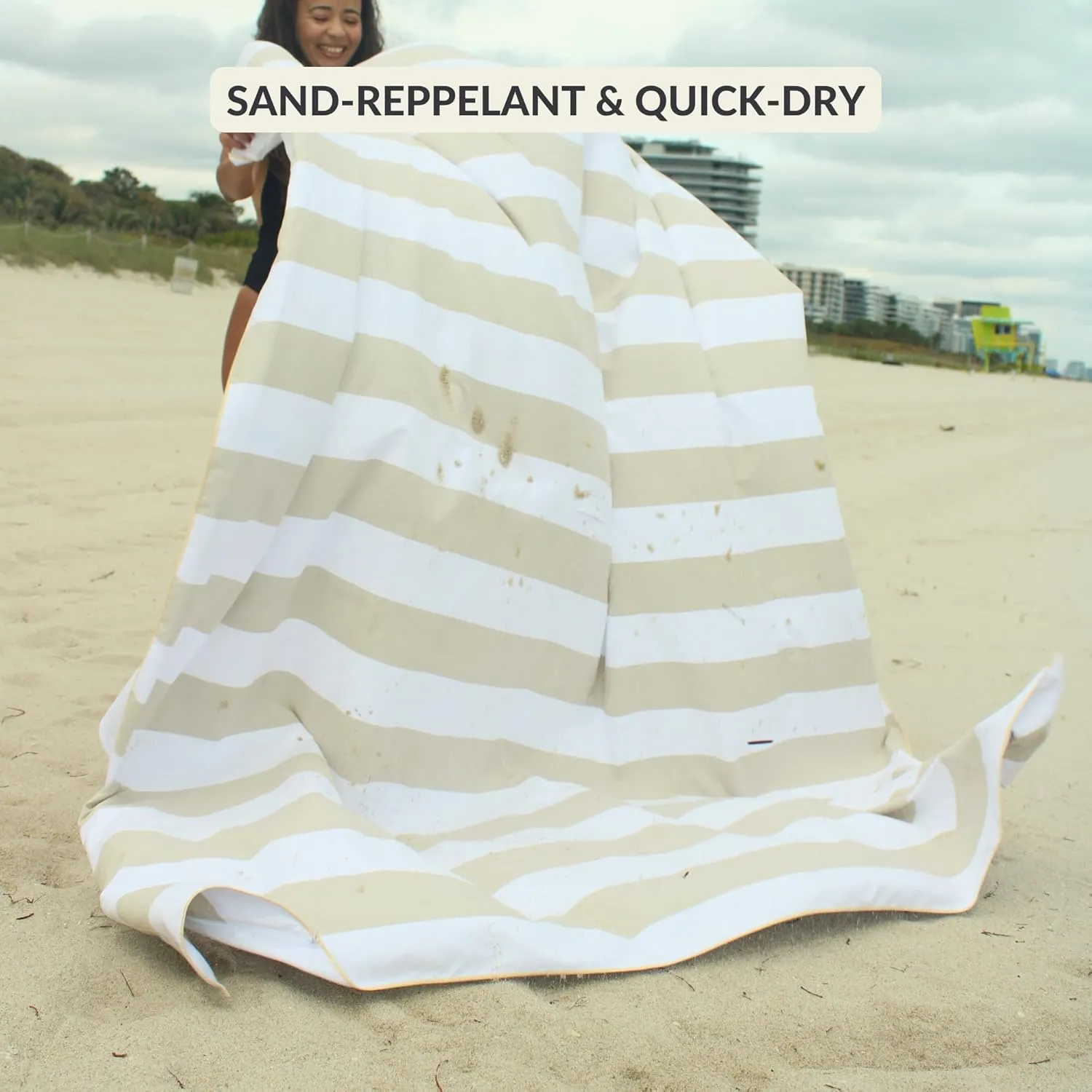 Plush Microfiber Beach Blanket, Extra Large Beach Mat for 3-6 Persons, Sandproof, Windproof | Hole for Umbrella, Corner Sand Pockets to Fight Wind (Bag for Blanket Included)