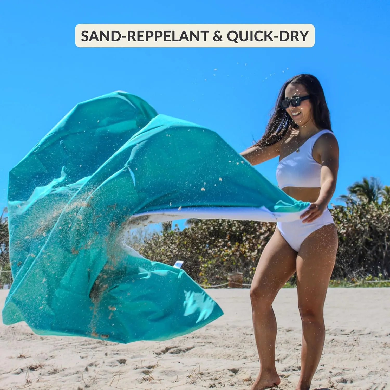Plush Microfiber Beach Blanket, Extra Large Beach Mat for 3-6 Persons, Sandproof, Windproof | Hole for Umbrella, Corner Sand Pockets to Fight Wind (Bag for Blanket Included)