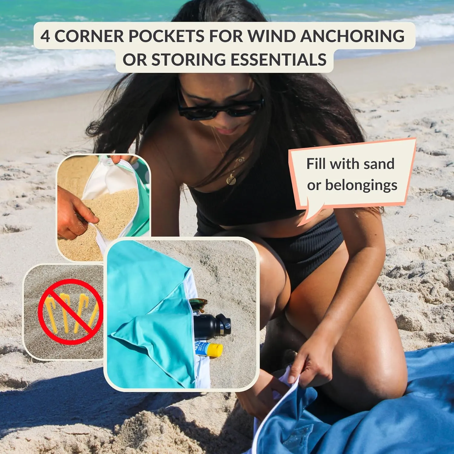 Plush Microfiber Beach Blanket, Extra Large Beach Mat for 3-6 Persons, Sandproof, Windproof | Hole for Umbrella, Corner Sand Pockets to Fight Wind (Bag for Blanket Included)
