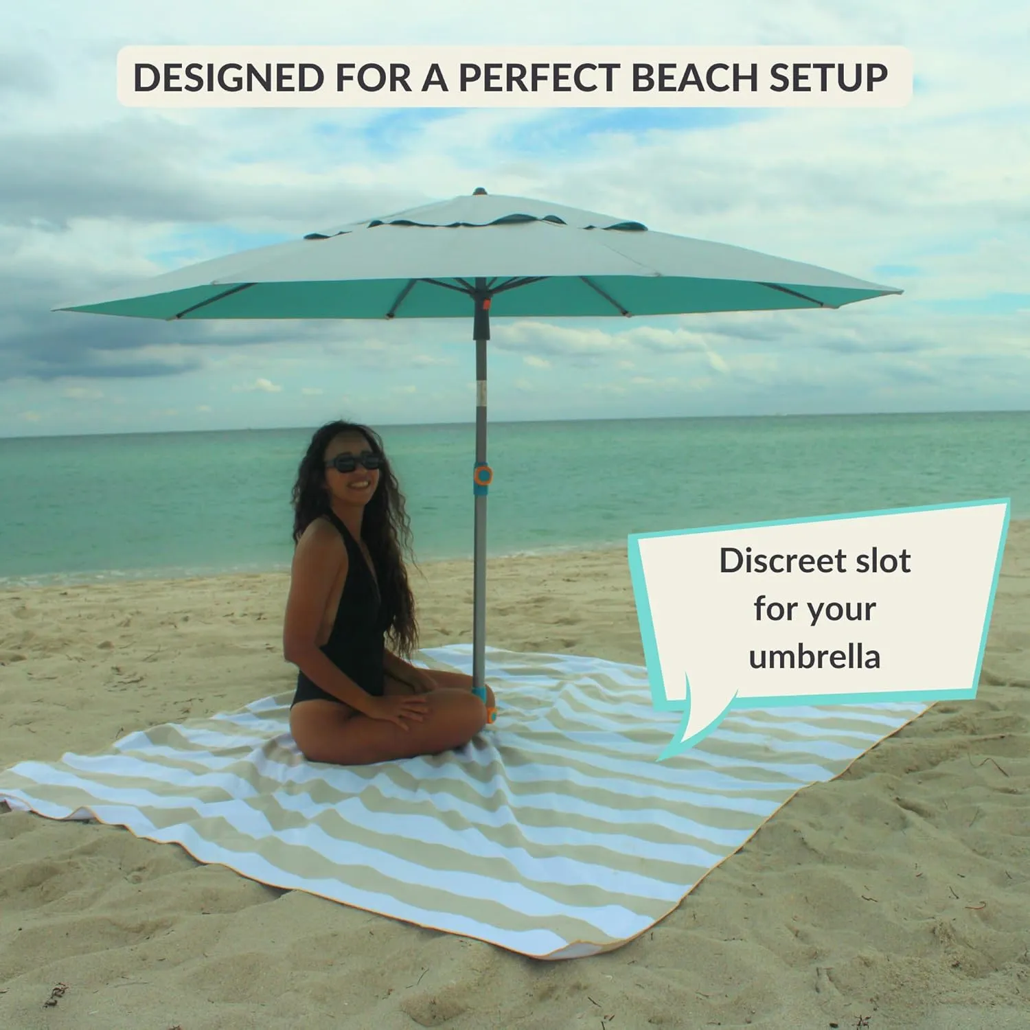 Plush Microfiber Beach Blanket, Extra Large Beach Mat for 3-6 Persons, Sandproof, Windproof | Hole for Umbrella, Corner Sand Pockets to Fight Wind (Bag for Blanket Included)