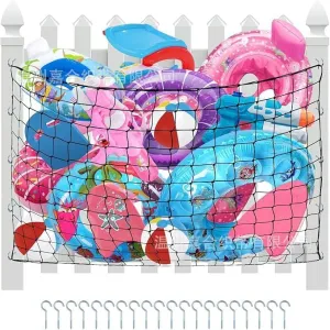Pool Float Storage Bag - 5X7FT Extra Large Hanging Elastic Mesh Pool Storage with 20 Hooks and Ties, Swimming Pool Hanging Organiser Mesh for Inflatable Rafts, Noodles, Swimming Ring, Balls