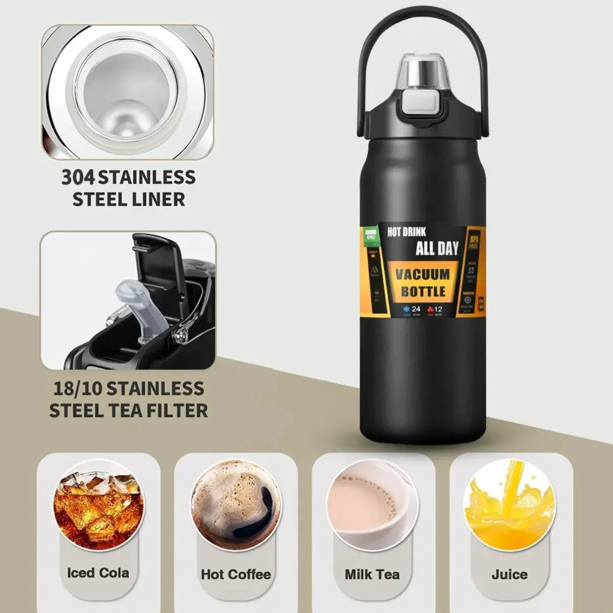 Portable 304 Stainless Steel Thermos with Straw - Vacuum Travel Flask