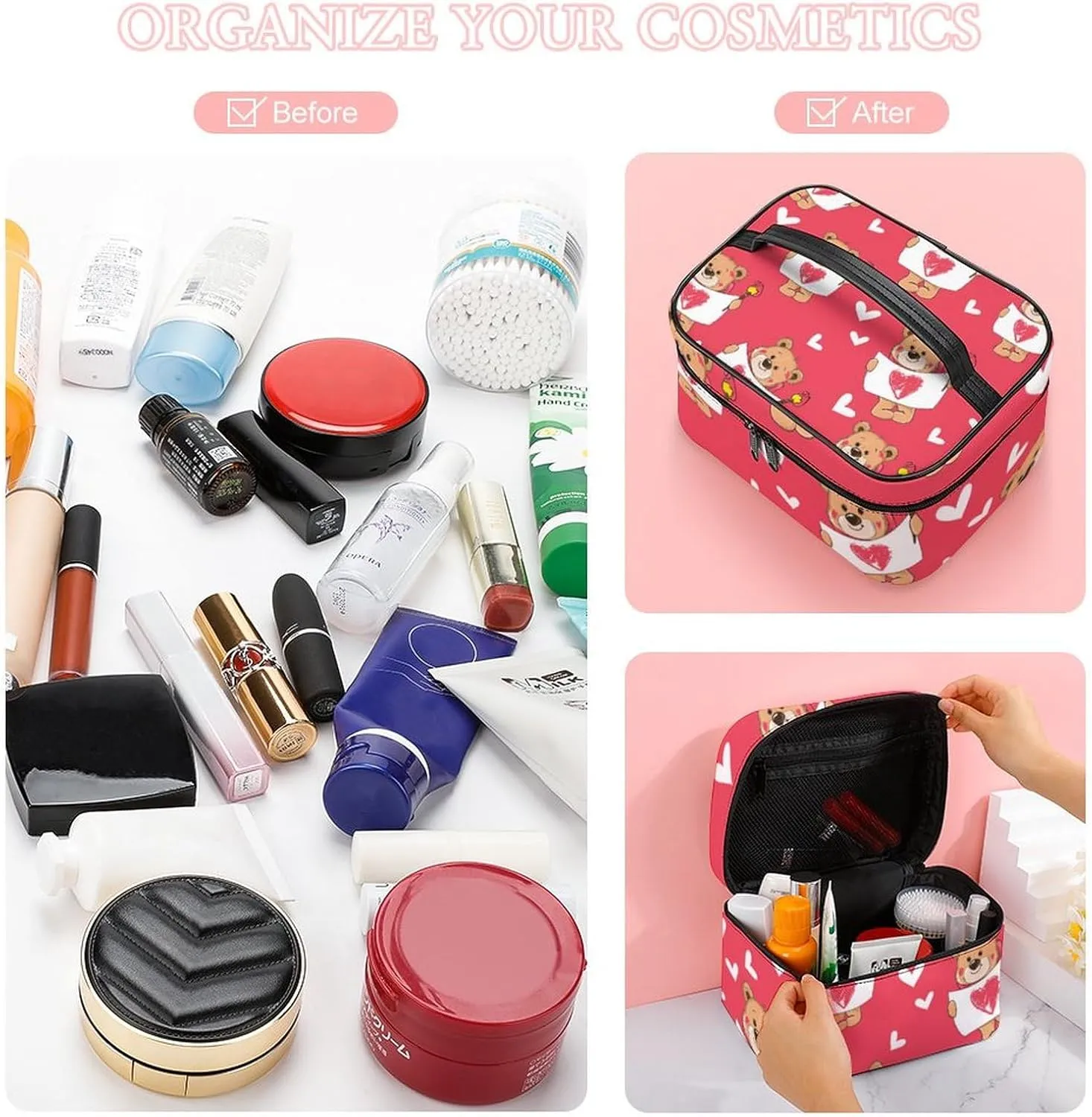 Portable Makeup Bag for Women, Travel Large Cosmetics Toiletry Storage Bag Cute Love Hearts Cartoon Bear Makeup Organizer Case with Handle