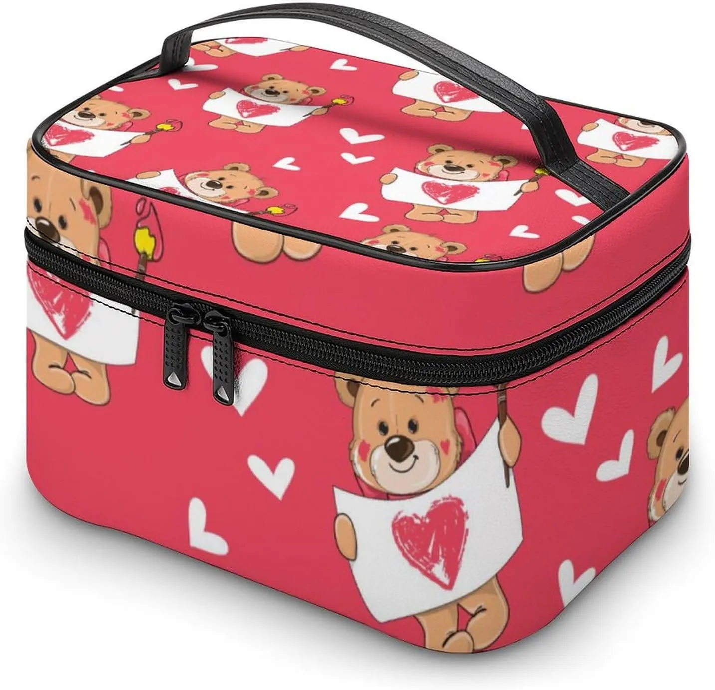 Portable Makeup Bag for Women, Travel Large Cosmetics Toiletry Storage Bag Cute Love Hearts Cartoon Bear Makeup Organizer Case with Handle