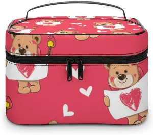 Portable Makeup Bag for Women, Travel Large Cosmetics Toiletry Storage Bag Cute Love Hearts Cartoon Bear Makeup Organizer Case with Handle
