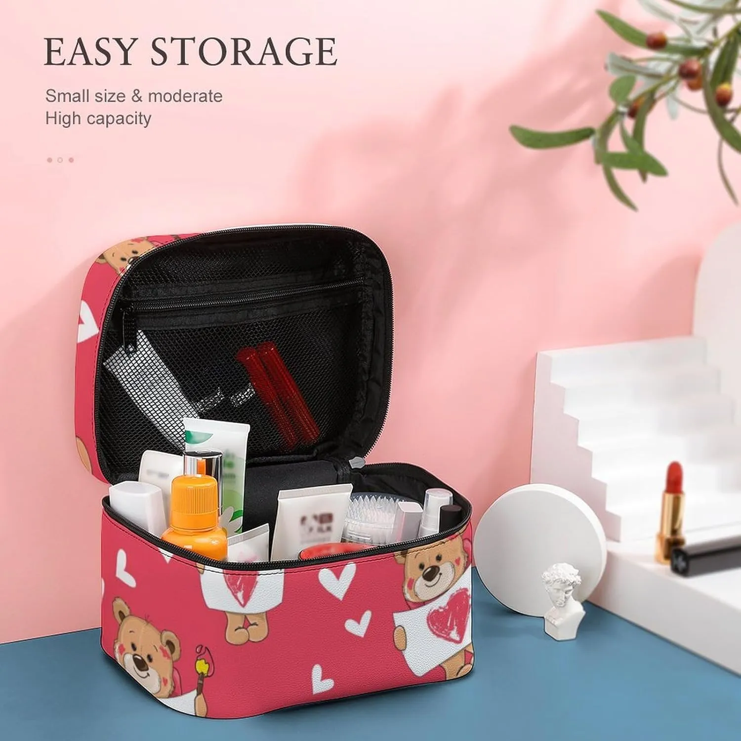 Portable Makeup Bag for Women, Travel Large Cosmetics Toiletry Storage Bag Cute Love Hearts Cartoon Bear Makeup Organizer Case with Handle