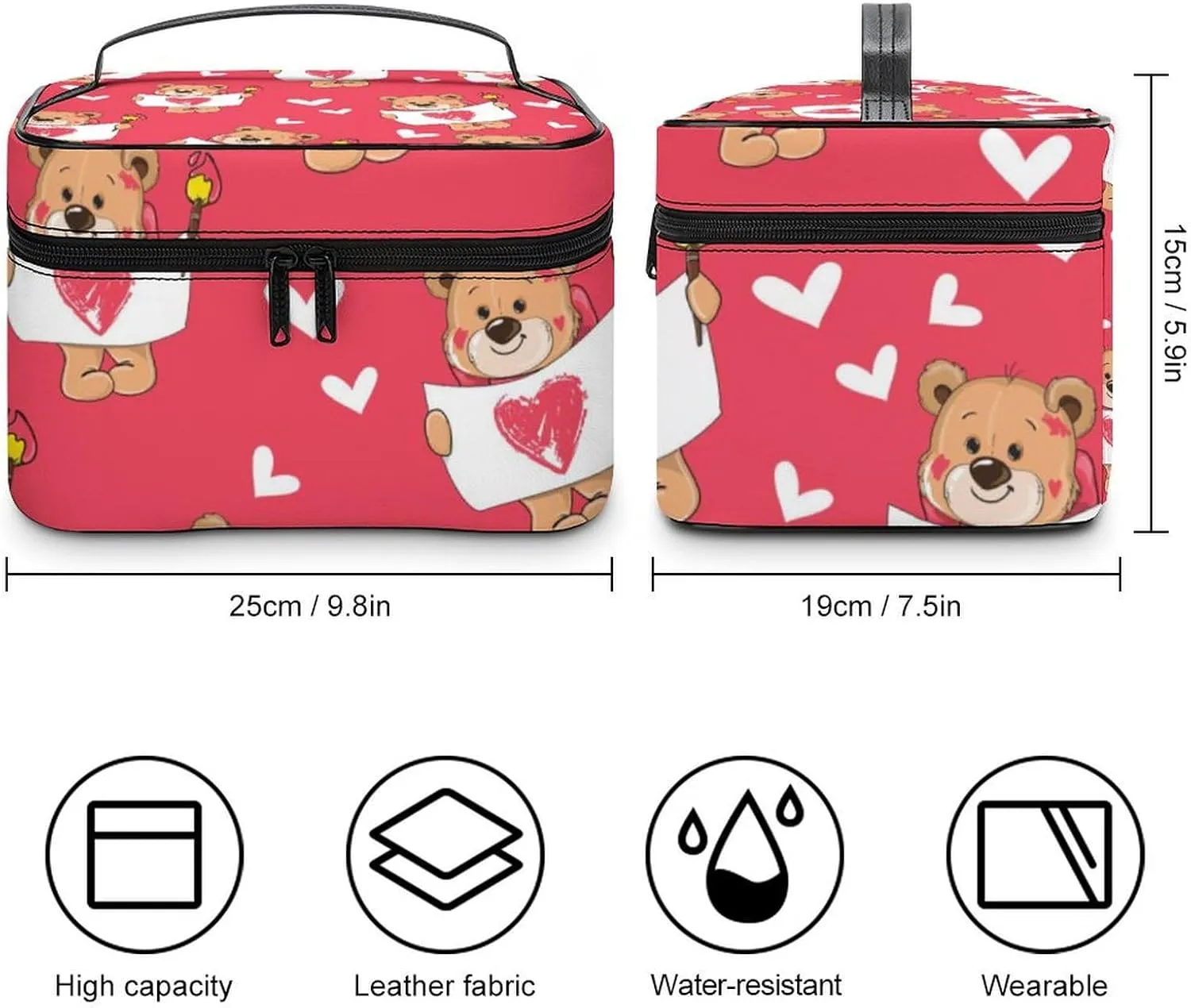 Portable Makeup Bag for Women, Travel Large Cosmetics Toiletry Storage Bag Cute Love Hearts Cartoon Bear Makeup Organizer Case with Handle