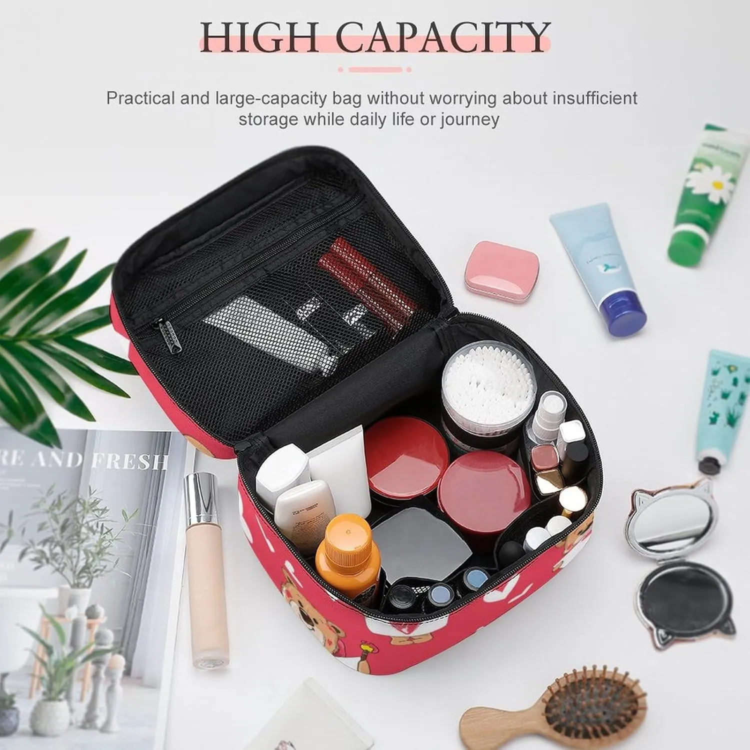 Portable Makeup Bag for Women, Travel Large Cosmetics Toiletry Storage Bag Cute Love Hearts Cartoon Bear Makeup Organizer Case with Handle