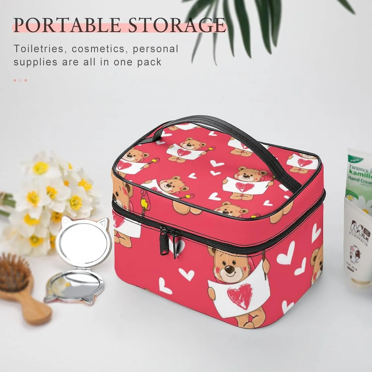 Portable Makeup Bag for Women, Travel Large Cosmetics Toiletry Storage Bag Cute Love Hearts Cartoon Bear Makeup Organizer Case with Handle