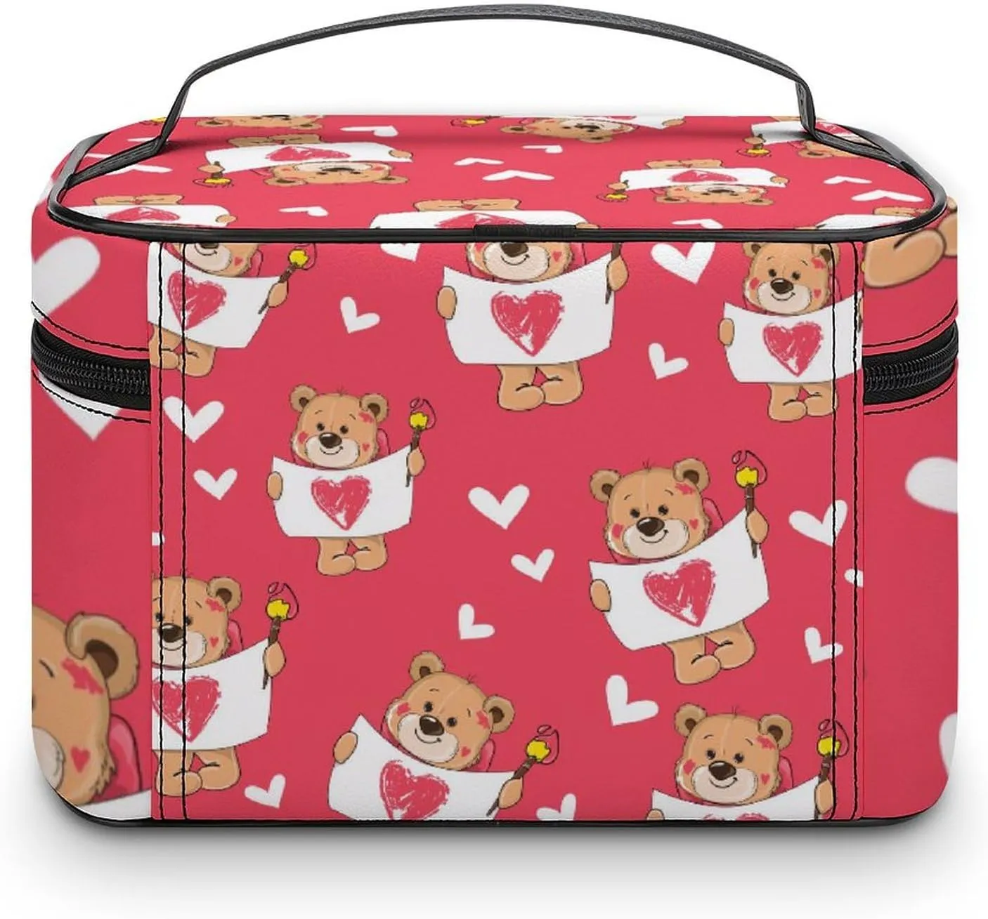 Portable Makeup Bag for Women, Travel Large Cosmetics Toiletry Storage Bag Cute Love Hearts Cartoon Bear Makeup Organizer Case with Handle