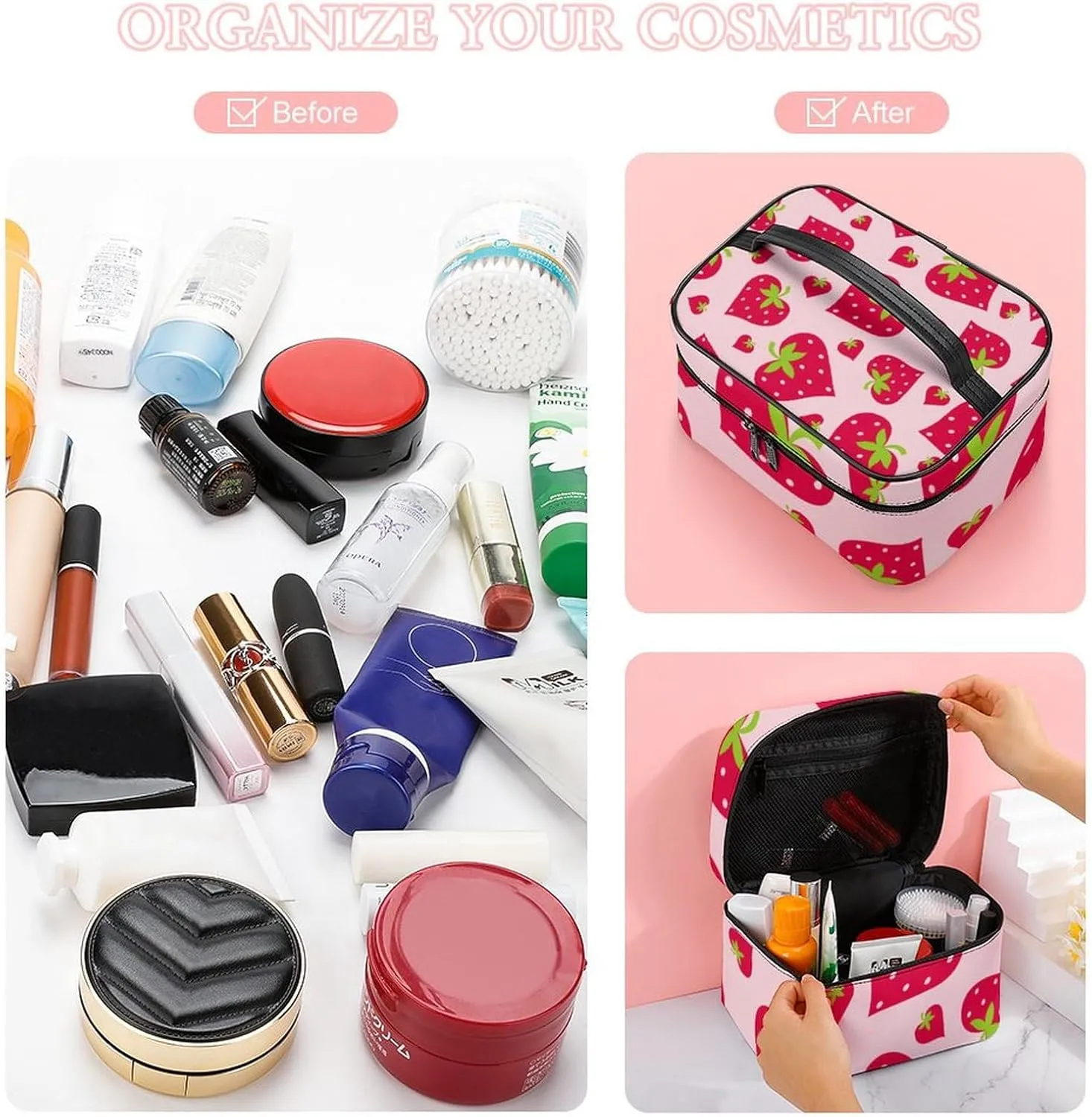 Portable Makeup Bag with Zipper Pouch, Cute Pink Strawberry Valentines Love Heart Cosmetic Case Large Capacity Travel Makeup Case Organizer Toiletry Brushes Storage Bag