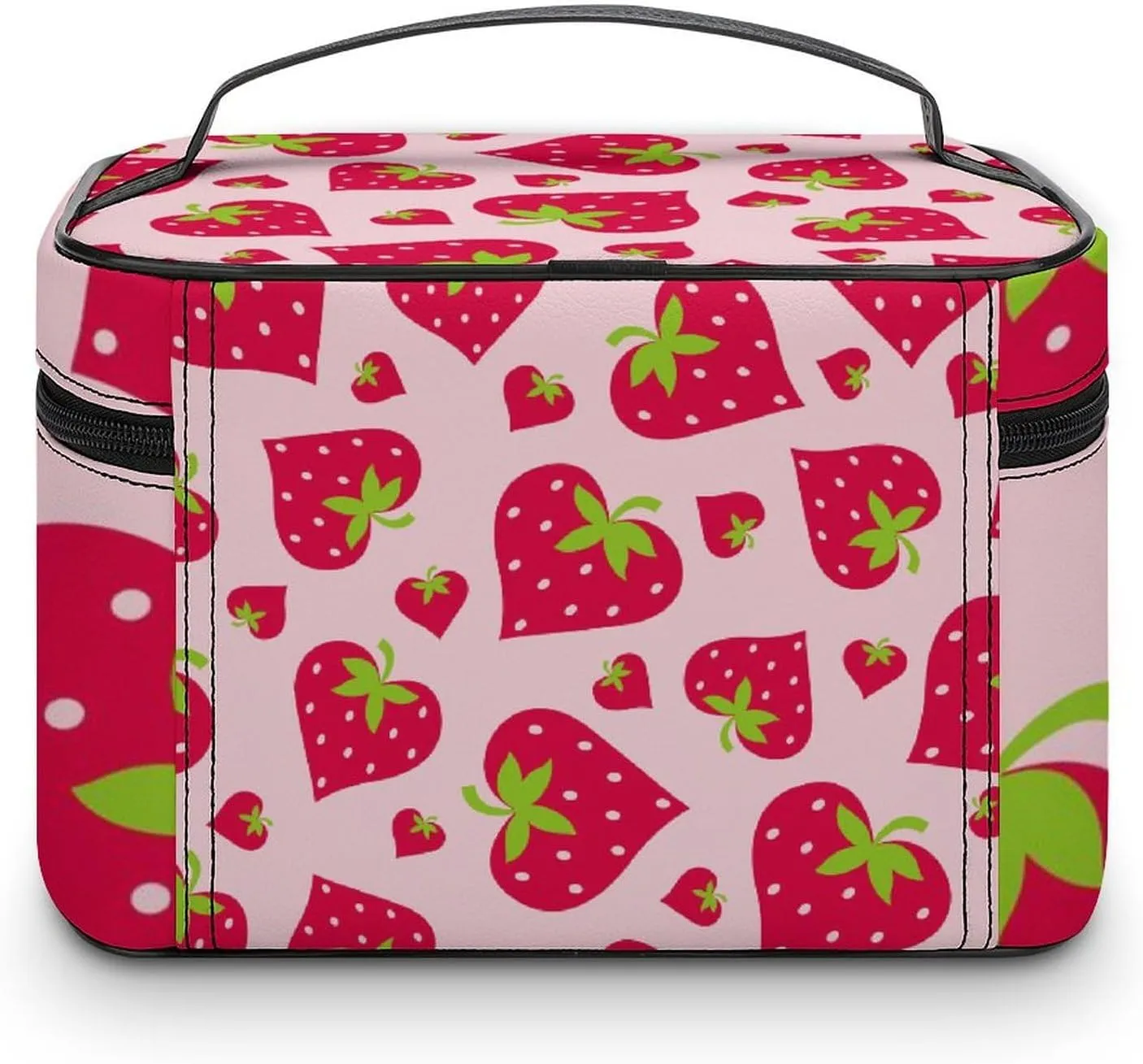 Portable Makeup Bag with Zipper Pouch, Cute Pink Strawberry Valentines Love Heart Cosmetic Case Large Capacity Travel Makeup Case Organizer Toiletry Brushes Storage Bag