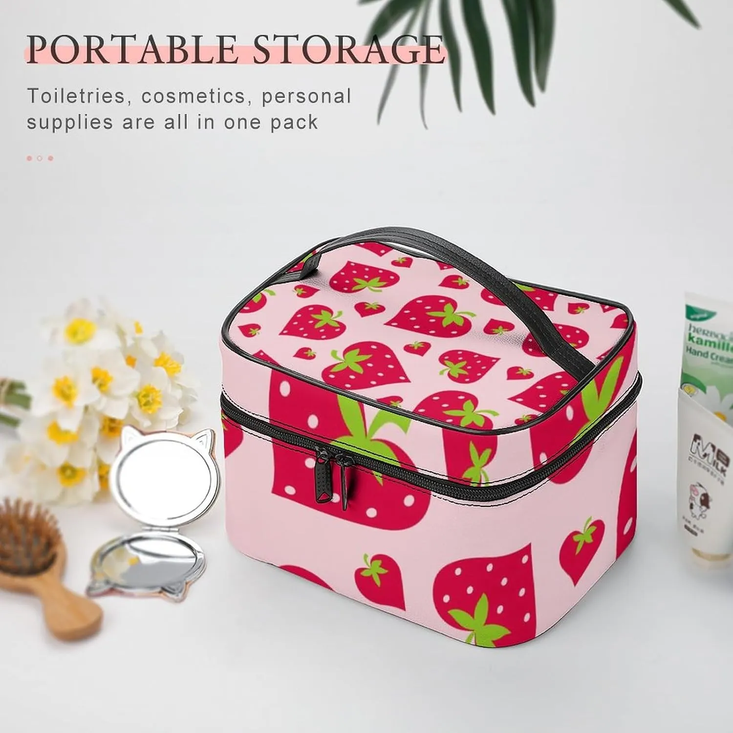 Portable Makeup Bag with Zipper Pouch, Cute Pink Strawberry Valentines Love Heart Cosmetic Case Large Capacity Travel Makeup Case Organizer Toiletry Brushes Storage Bag