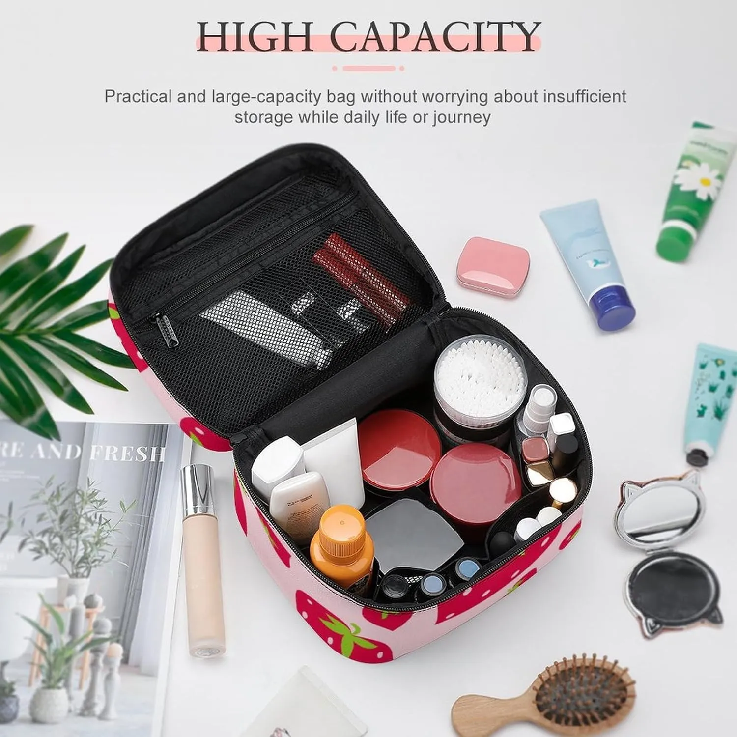 Portable Makeup Bag with Zipper Pouch, Cute Pink Strawberry Valentines Love Heart Cosmetic Case Large Capacity Travel Makeup Case Organizer Toiletry Brushes Storage Bag