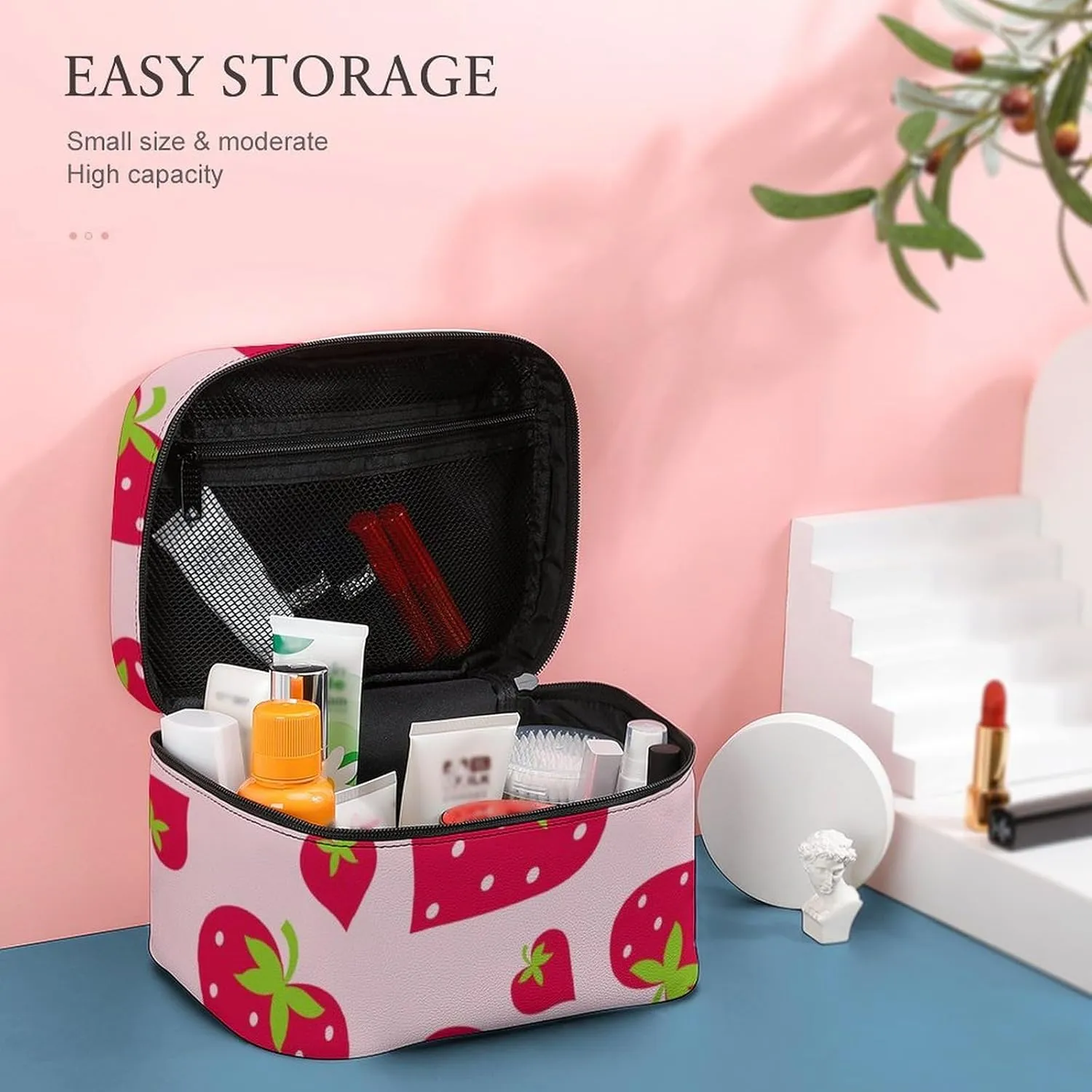 Portable Makeup Bag with Zipper Pouch, Cute Pink Strawberry Valentines Love Heart Cosmetic Case Large Capacity Travel Makeup Case Organizer Toiletry Brushes Storage Bag
