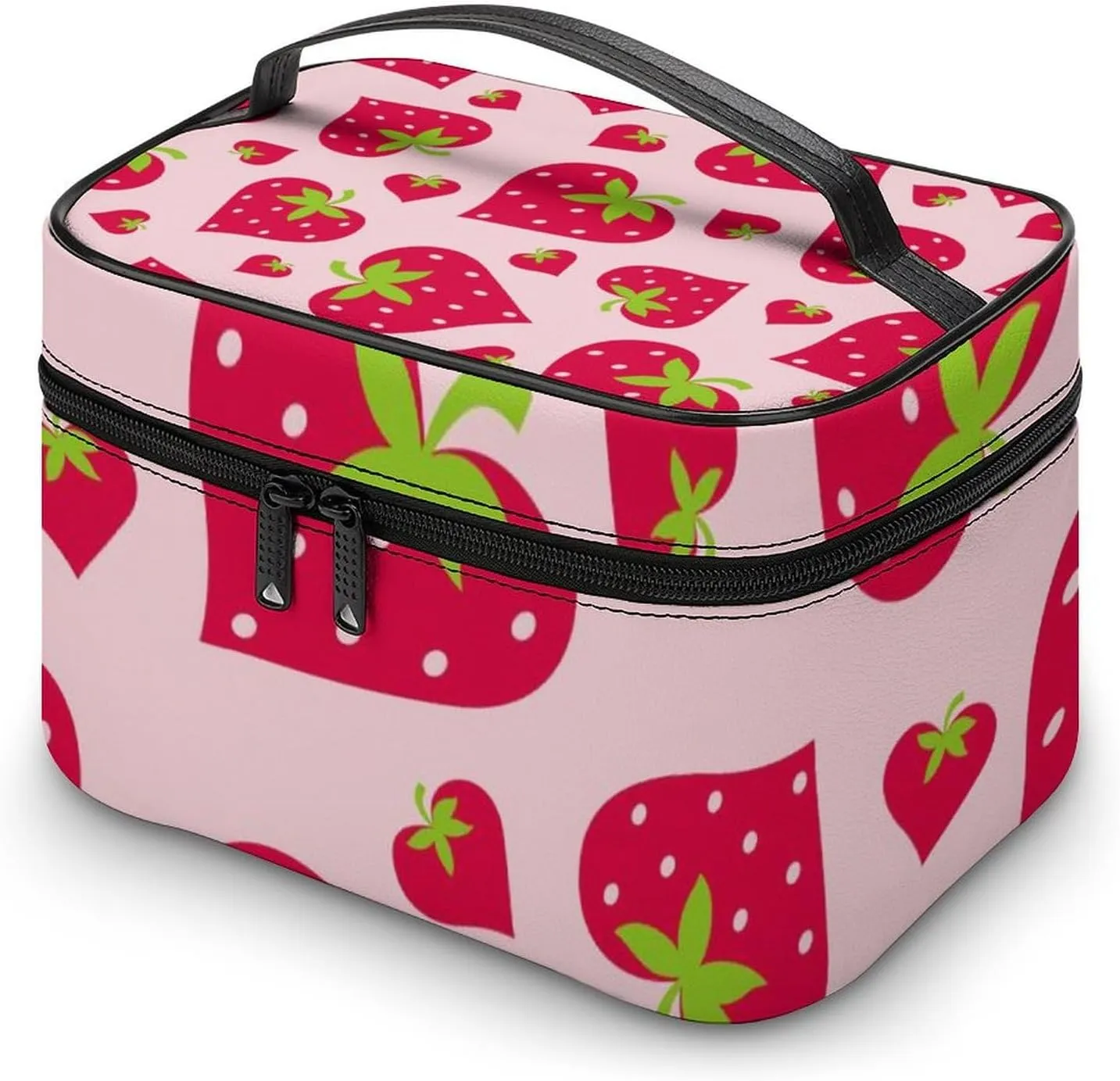 Portable Makeup Bag with Zipper Pouch, Cute Pink Strawberry Valentines Love Heart Cosmetic Case Large Capacity Travel Makeup Case Organizer Toiletry Brushes Storage Bag