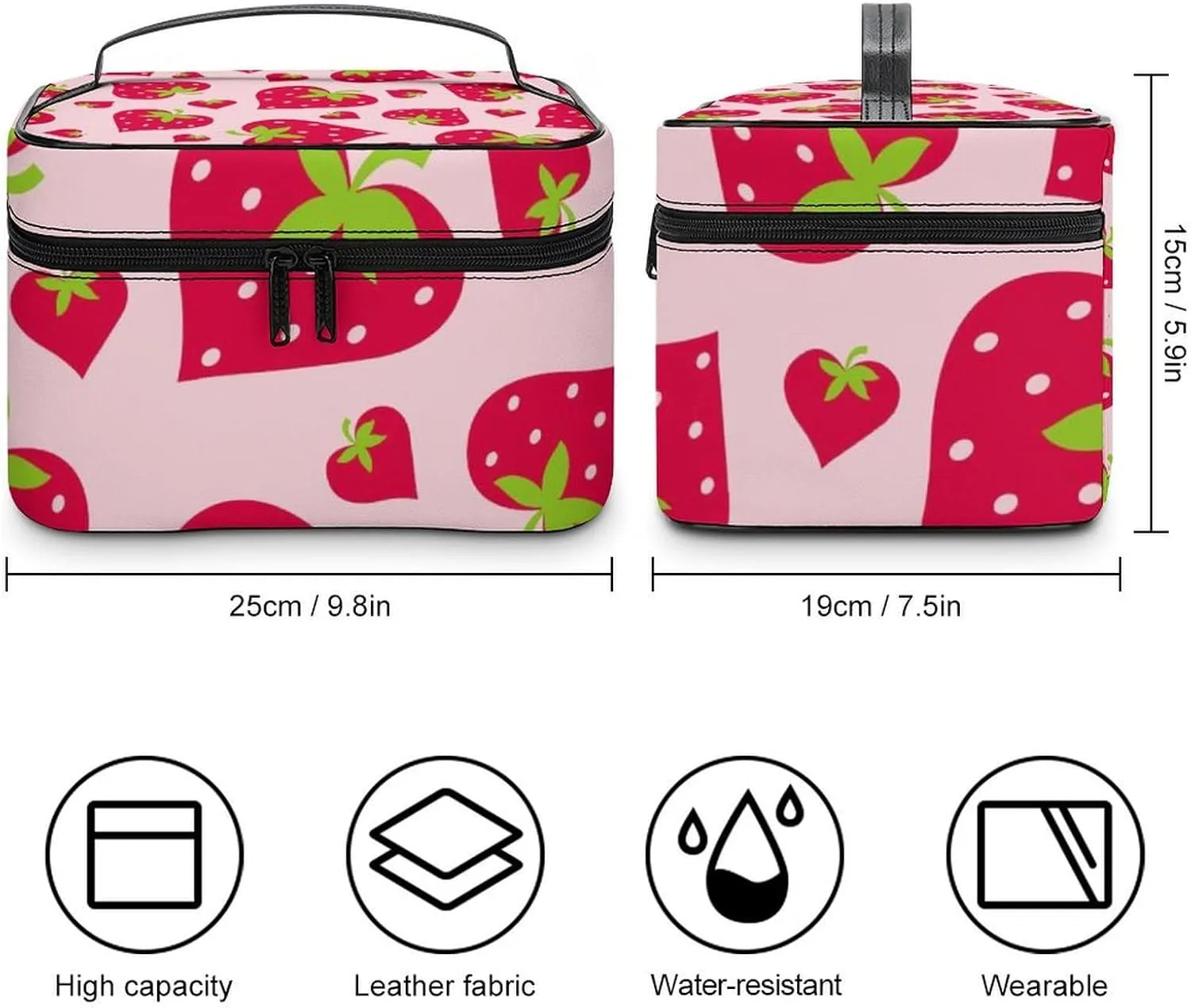 Portable Makeup Bag with Zipper Pouch, Cute Pink Strawberry Valentines Love Heart Cosmetic Case Large Capacity Travel Makeup Case Organizer Toiletry Brushes Storage Bag