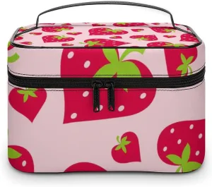 Portable Makeup Bag with Zipper Pouch, Cute Pink Strawberry Valentines Love Heart Cosmetic Case Large Capacity Travel Makeup Case Organizer Toiletry Brushes Storage Bag