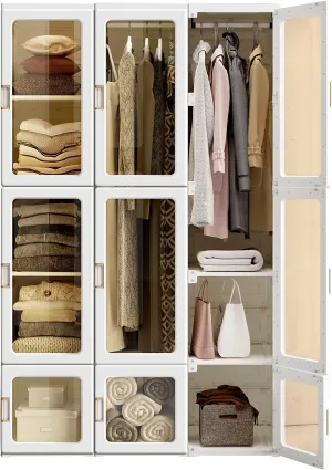 Portable Wardrobe Closet Storage Organizer for Clothes,Suitable for Living Room, Bedroom,Plastic Wardrobe with Magnetic Transparent Door and Easy Assembly 8 Cubes & 2 Hanging Rod