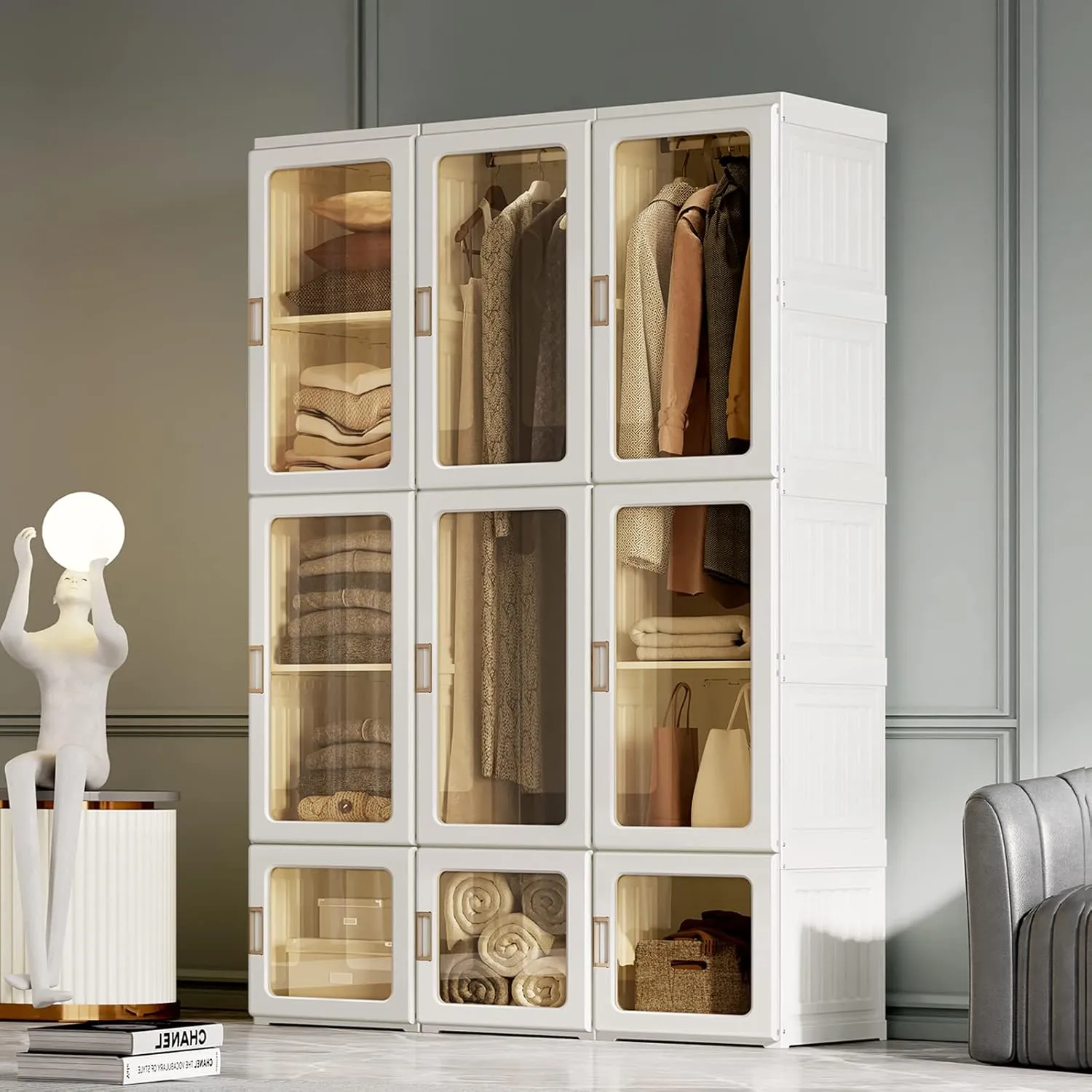 Portable Wardrobe Closet Storage Organizer for Clothes,Suitable for Living Room, Bedroom,Plastic Wardrobe with Magnetic Transparent Door and Easy Assembly 8 Cubes & 2 Hanging Rod