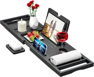Premium Bathtub Tray Caddy - Expandable Bath Caddy Tray - Adjustable Bamboo Bath Caddy Tub Table - Unique House Warming Gifts New Home - Black