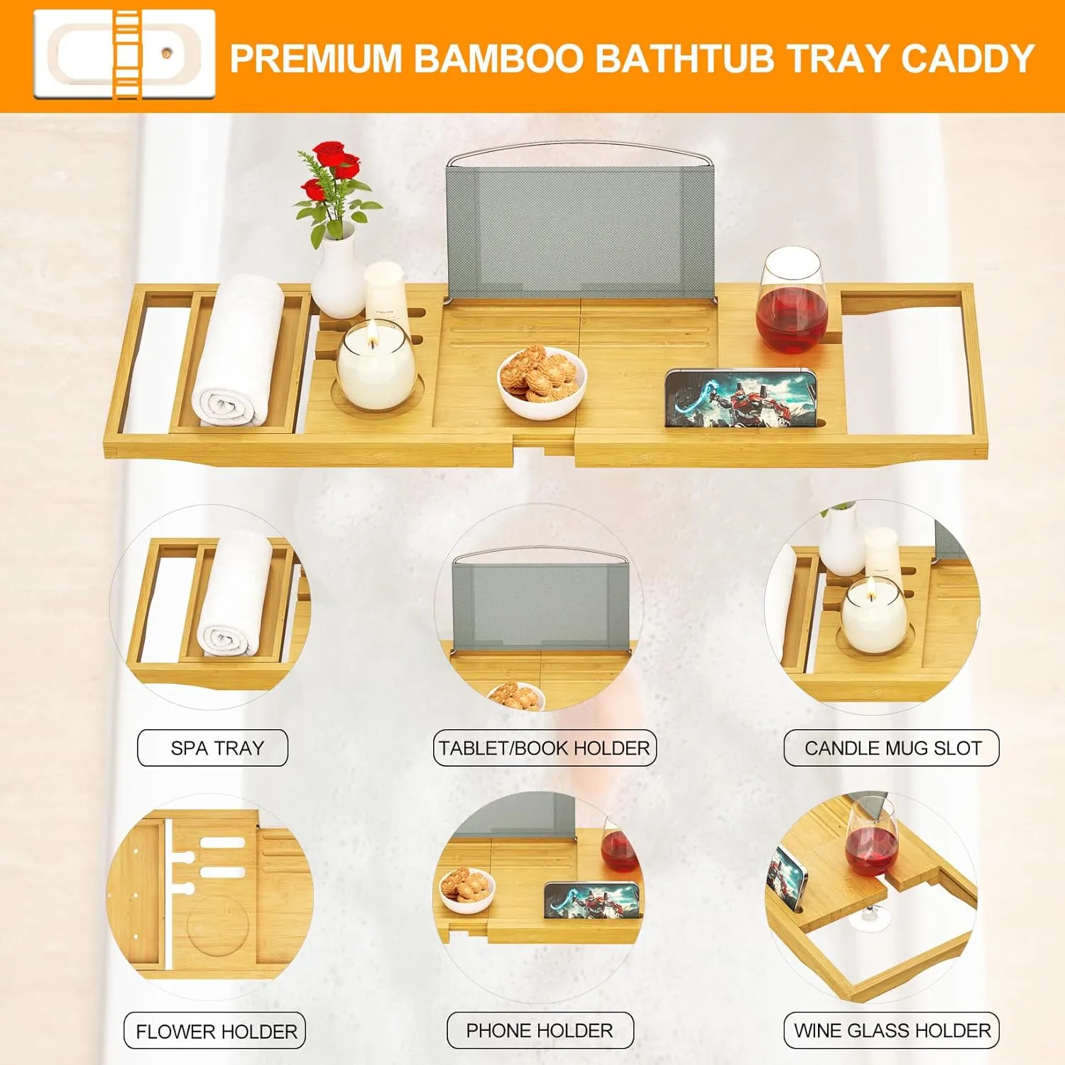 Premium Bathtub Tray Caddy, Expandable Bath Tray for Bath Tub, Bath/Bathtub Table Tray, Great House Warming, Anniversary & Wedding and Unique Birthday Gifts