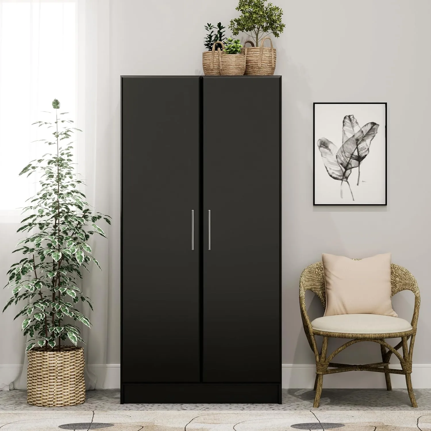 Prepac Elite 32" Storage Cabinet Closet, Black Storage Cabinet with Hanging Rail and Shelves for Living room, Kitchen and Laundry room 24.5" D x 32" W x 65" H