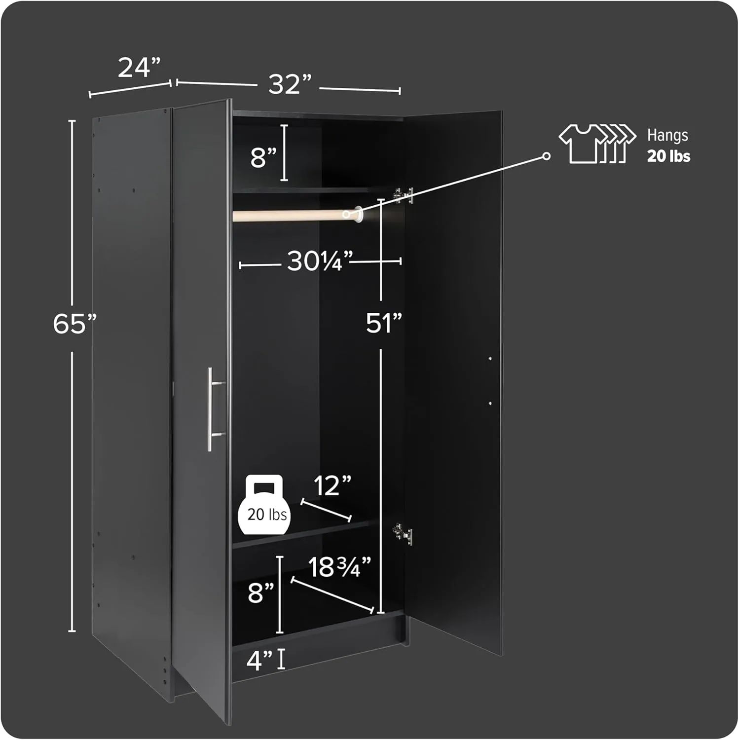 Prepac Elite 32" Storage Cabinet Closet, Black Storage Cabinet with Hanging Rail and Shelves for Living room, Kitchen and Laundry room 24.5" D x 32" W x 65" H