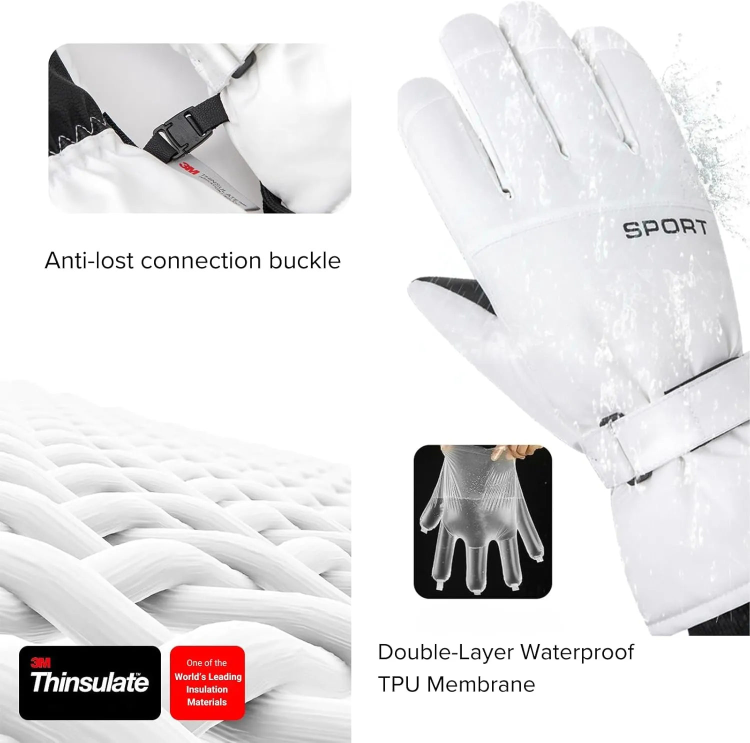 Pro Ski Gloves, 3M Thinsulate Insulated Double-Layer Waterproof, Touchscreen Snow Gloves for Skiing, Winter Cycling