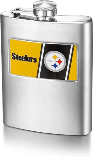 Pro Specialties Group NFL 8-Ounce Matte Finished Stainless Steel Hip Flask with Rectangular Team Emblem and Funnel