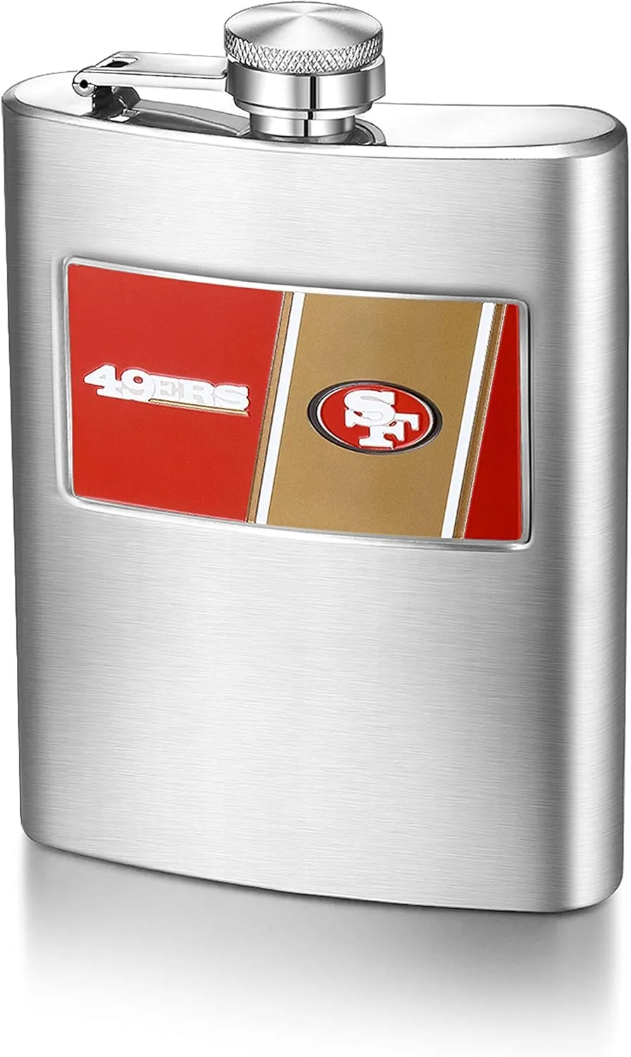 Pro Specialties Group NFL San Francisco 49ers 8-Ounce Matte Finished Stainless Steel Hip Flask with Rectangular Team Emblem and Funnel