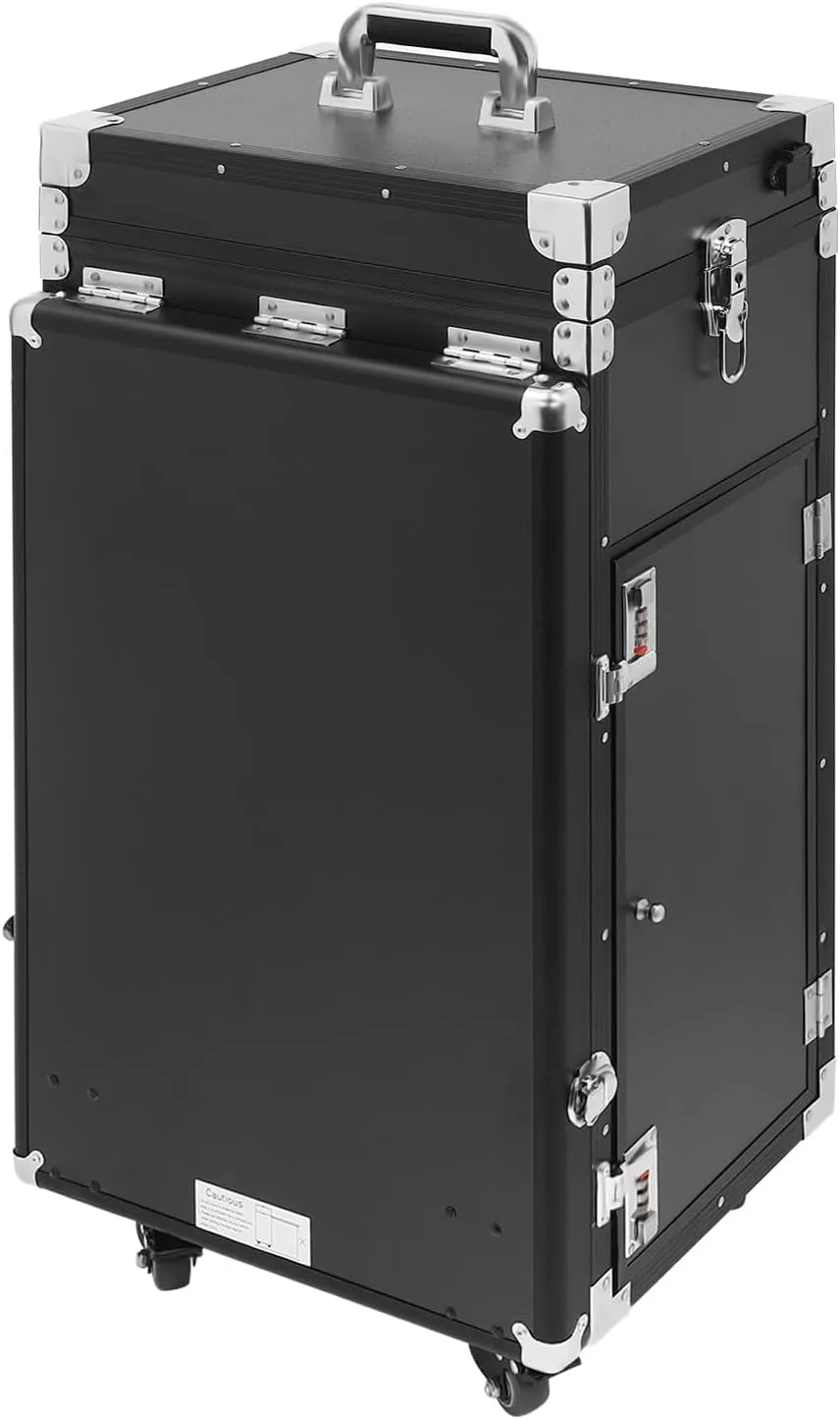 Professional Rolling Makeup Case, Foldable Nail Tables Travel Cosmetic Trolley Storage Organizer with 4 Drawers Mirror & Speaker Black Nail Table Artist Travel Organizer