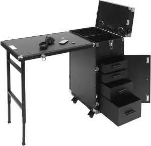 Professional Rolling Makeup Case, Foldable Nail Tables Travel Cosmetic Trolley Storage Organizer with 4 Drawers Mirror & Speaker Black Nail Table Artist Travel Organizer