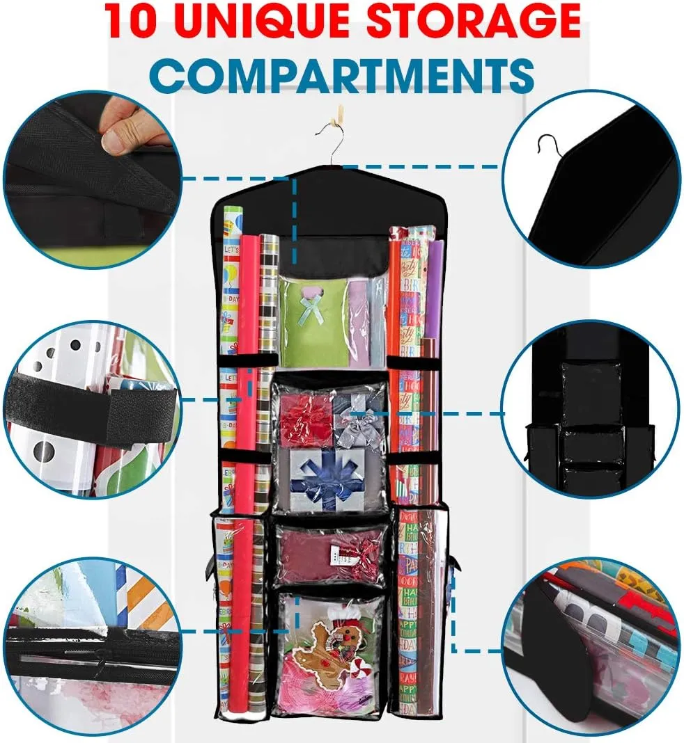 ProPik Hanging Double Sided Wrapping Paper Storage Organizer With Multiple Pockets Organize Your Gift Wrap, Gift Bags Bows Ribbons 40"X17" Fits 40 Inch Rolls Clear PVC Bag (Black)
