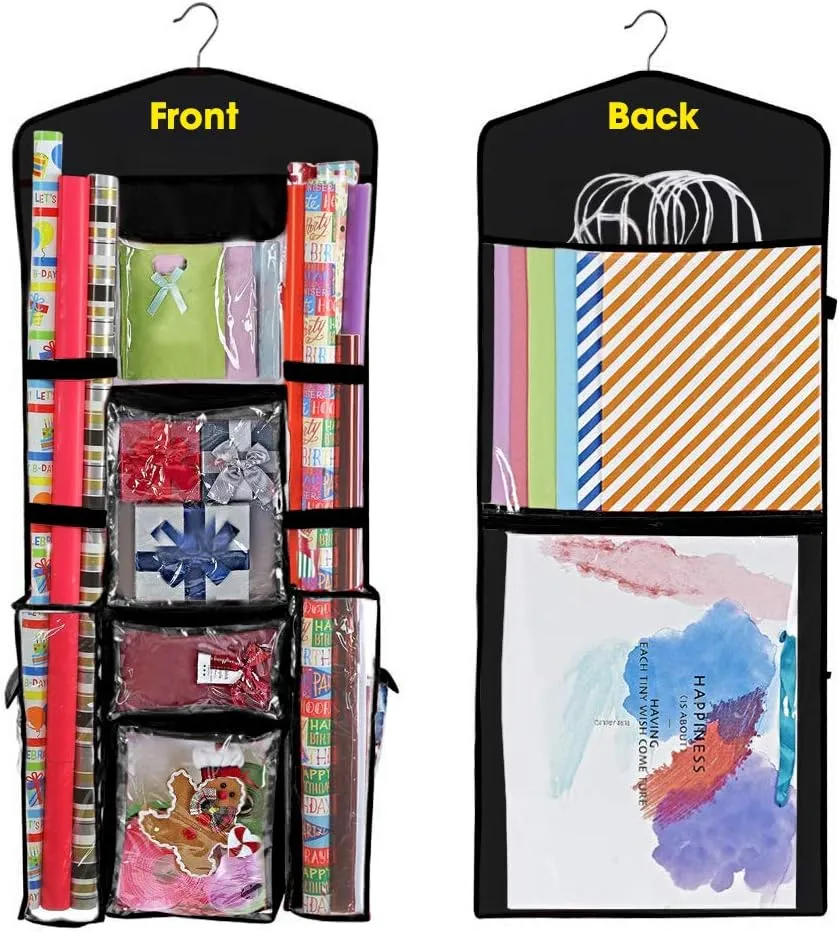 ProPik Hanging Double Sided Wrapping Paper Storage Organizer With Multiple Pockets Organize Your Gift Wrap, Gift Bags Bows Ribbons 40"X17" Fits 40 Inch Rolls Clear PVC Bag (Black)