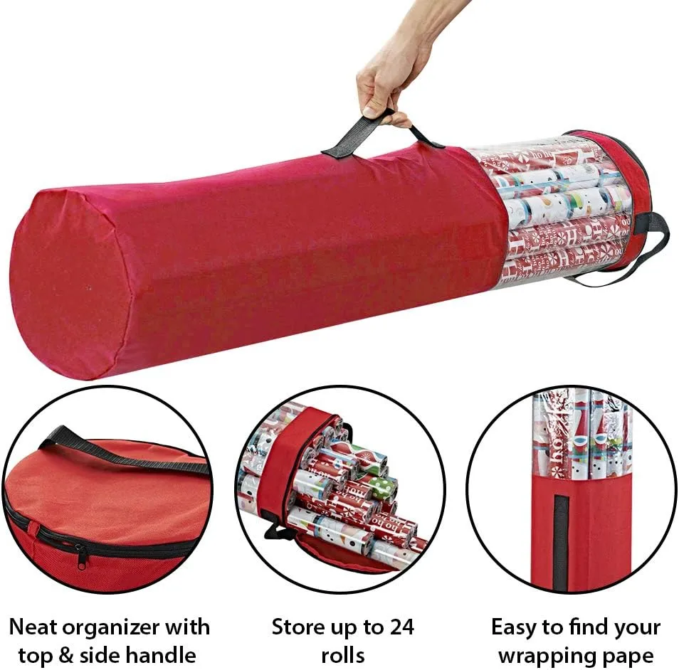 ProPik Wrapping Paper Storage Bag, Christmas Gift Wrap Organizer Stores Up to 24 Rolls 40 Inch, Heavy Duty Polyester plus PVC Clear Bag with Handles