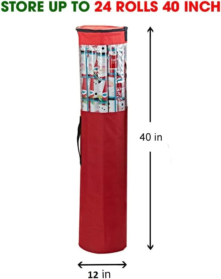 ProPik Wrapping Paper Storage Bag, Christmas Gift Wrap Organizer Stores Up to 24 Rolls 40 Inch, Heavy Duty Polyester plus PVC Clear Bag with Handles