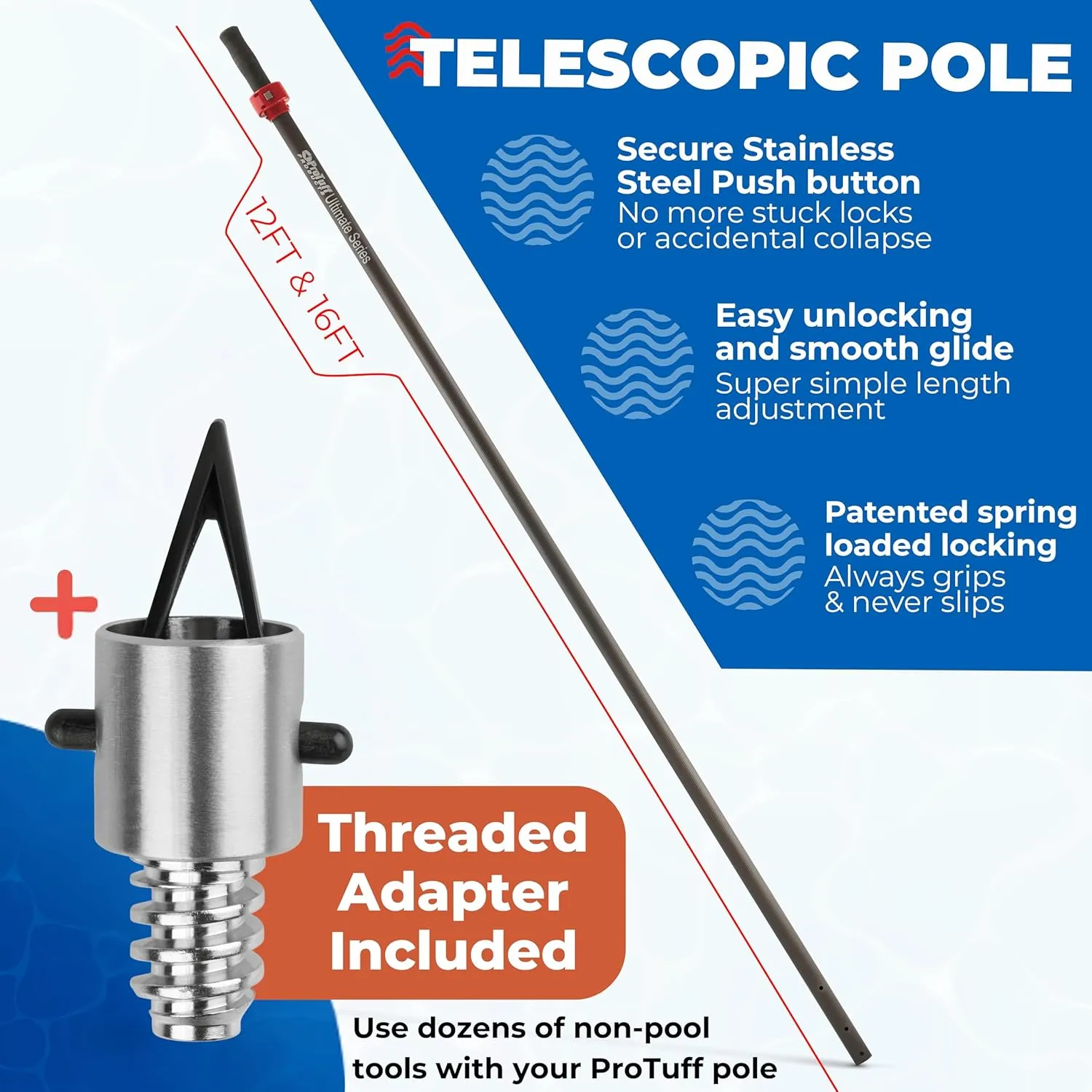 ProTuff 16ft Heavy Duty Telescopic Pool Pole – Unconditional Lifetime Replacement - Instant & Reliable Extension - Universal Fit for Nets, Skimmers, Brushes & Vacuums - Anti-Slip, Comfort Grip