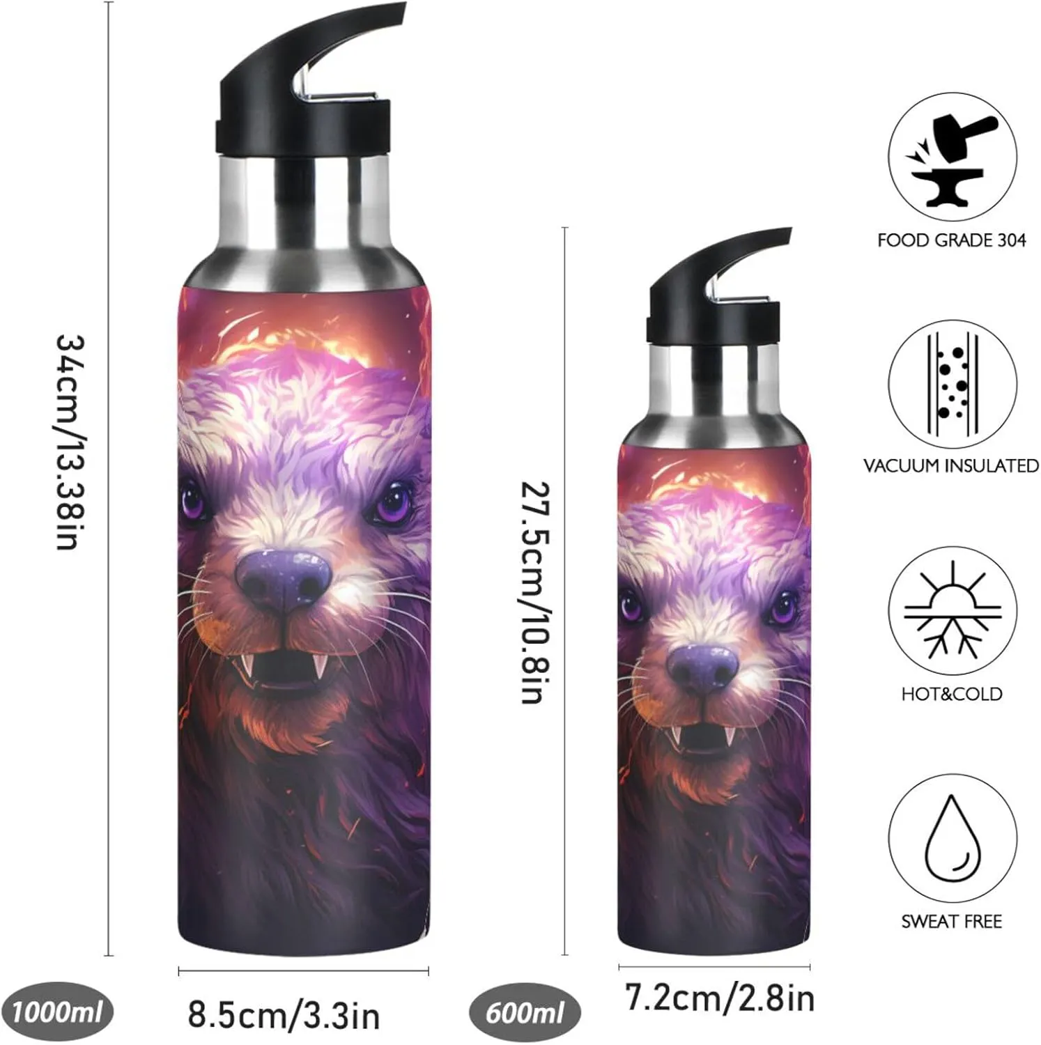 Purple Abstract Art Beaver Sport Water Bottle Insulated Stainless Steel Large Vacuum Flask Leak Proof Thermos with Straw for Travel(600ml/1000ml)