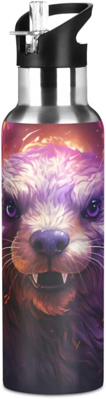 Purple Abstract Art Beaver Sport Water Bottle Insulated Stainless Steel Large Vacuum Flask Leak Proof Thermos with Straw for Travel(600ml/1000ml)