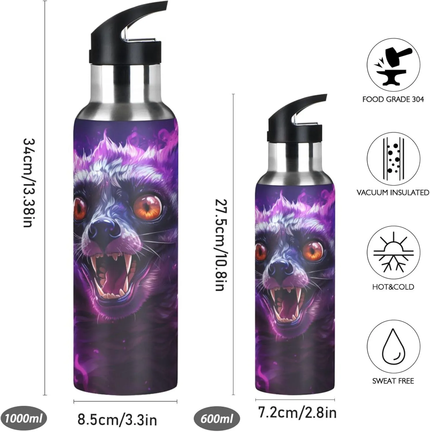 Purple Abstract Art Lemur Sport Water Bottle Insulated Stainless Steel Large Vacuum Flask Leak Proof Thermos with Straw for Travel(600ml/1000ml)