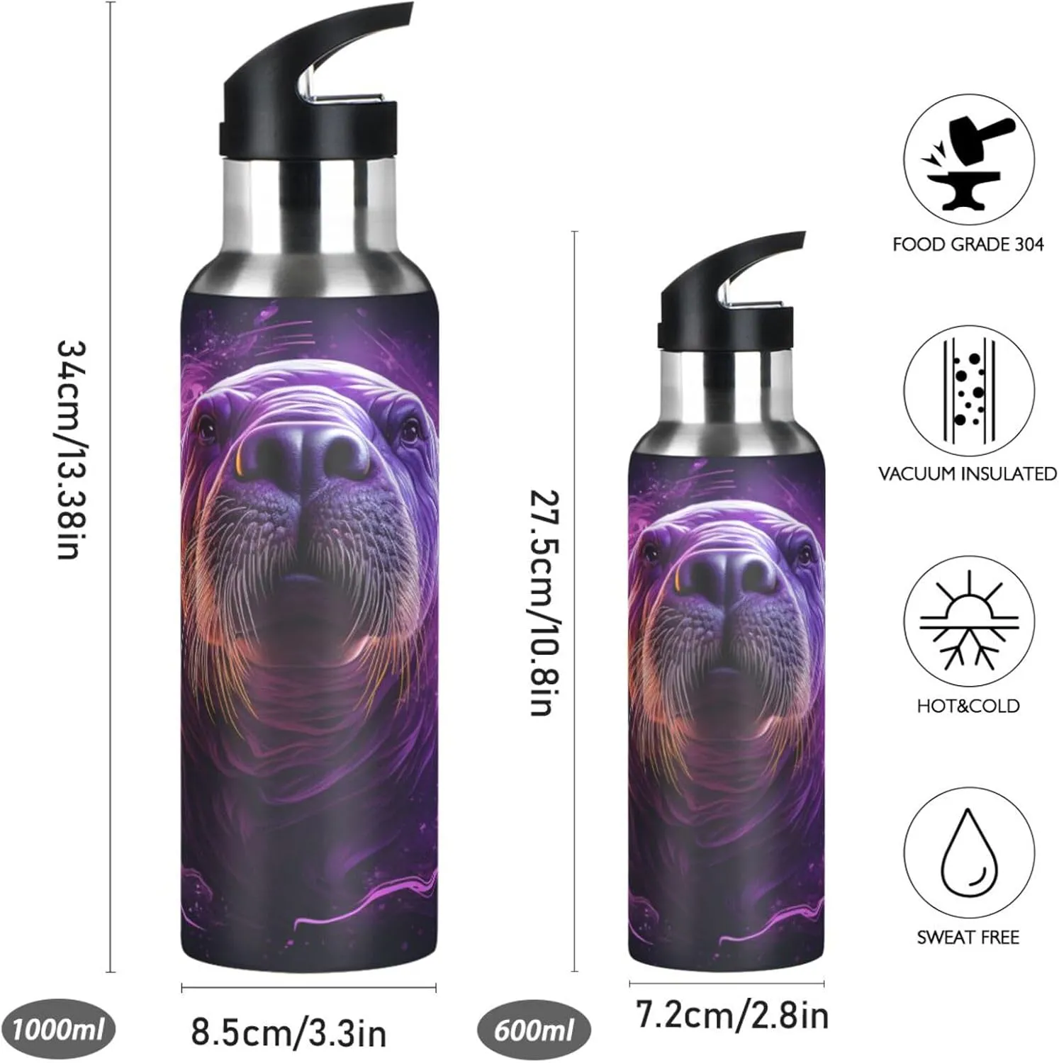 Purple Abstract Space Walrus Sea Lion Sport Water Bottle Insulated Stainless Steel Large Vacuum Flask Leak Proof Thermos with Straw for Travel(600ml/1000ml)