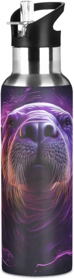 Purple Abstract Space Walrus Sea Lion Sport Water Bottle Insulated Stainless Steel Large Vacuum Flask Leak Proof Thermos with Straw for Travel(600ml/1000ml)