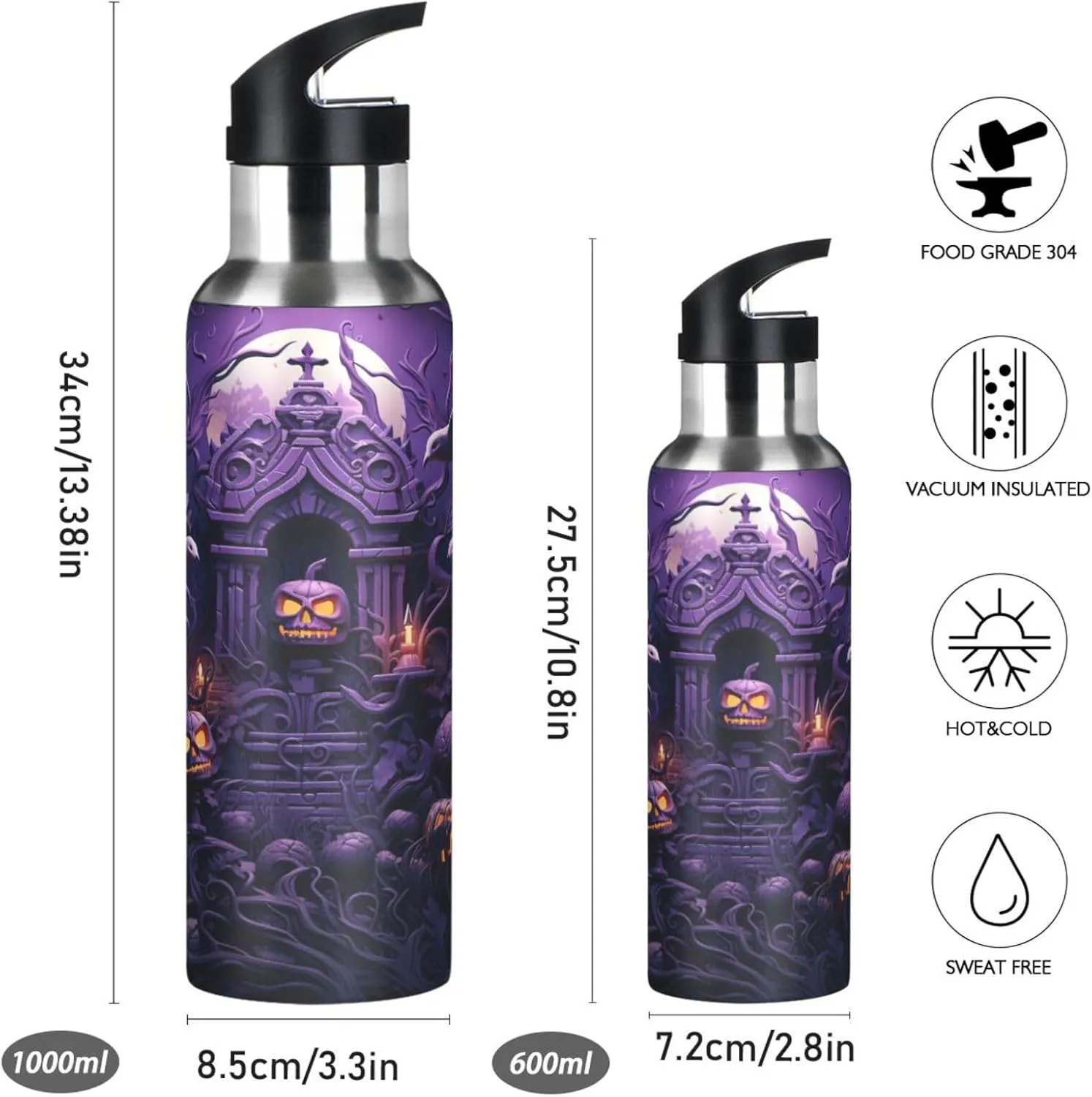 Purple Halloween Moon Sport Water Bottle Insulated Stainless Steel Large Vacuum Flask Leak Proof Thermos with Straw for Travel(600ml/1000ml)