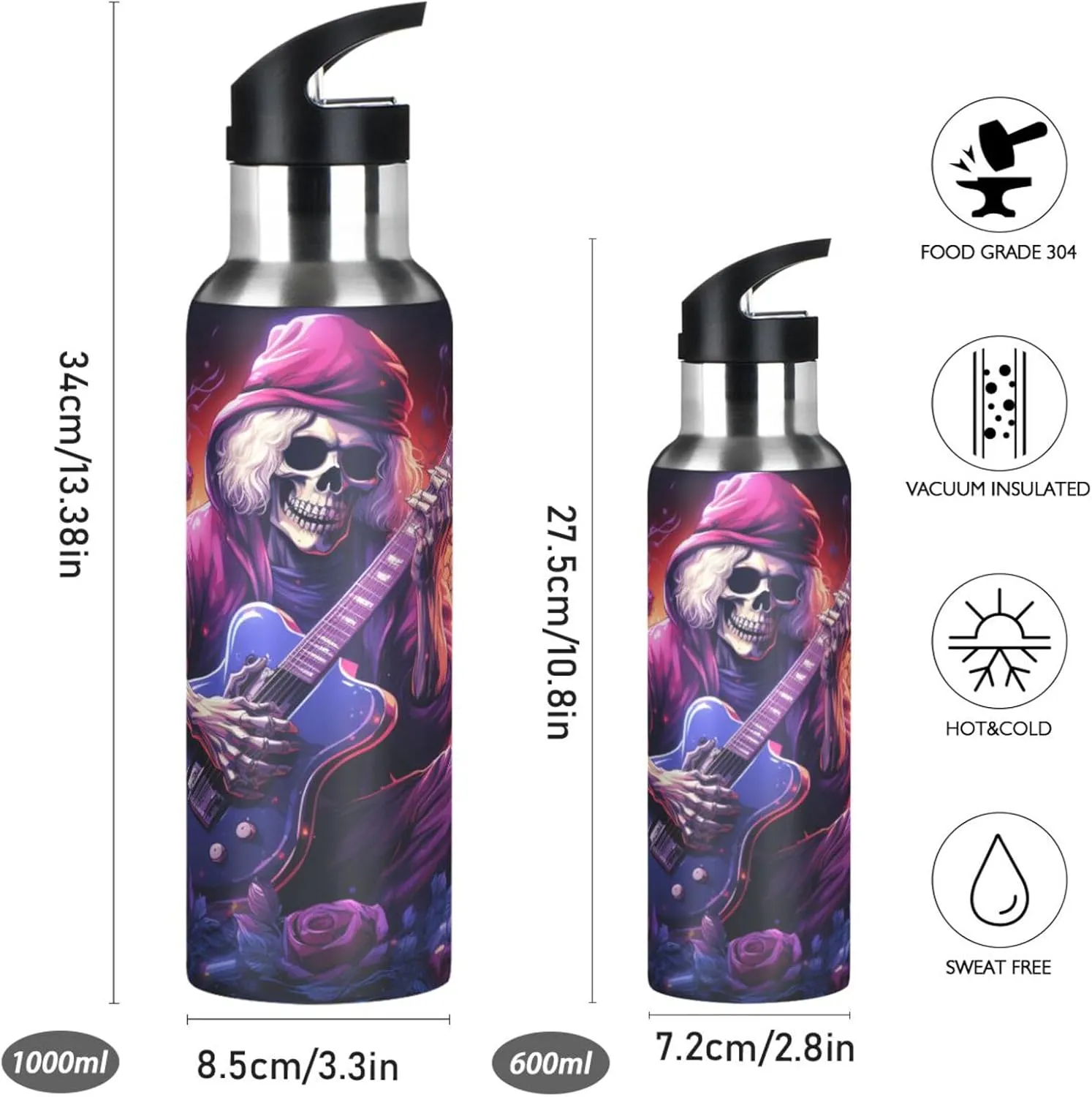 Purple Music Skull Sport Water Bottle Insulated Stainless Steel Large Vacuum Flask Leak Proof Thermos with Straw for Travel(600ml/1000ml)