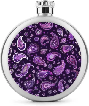 Purple Paisley Pattern Round Wine Flask 5 Oz Mini Portable Stainless Steel Drinking Flasks for Men Women Travel Home Office