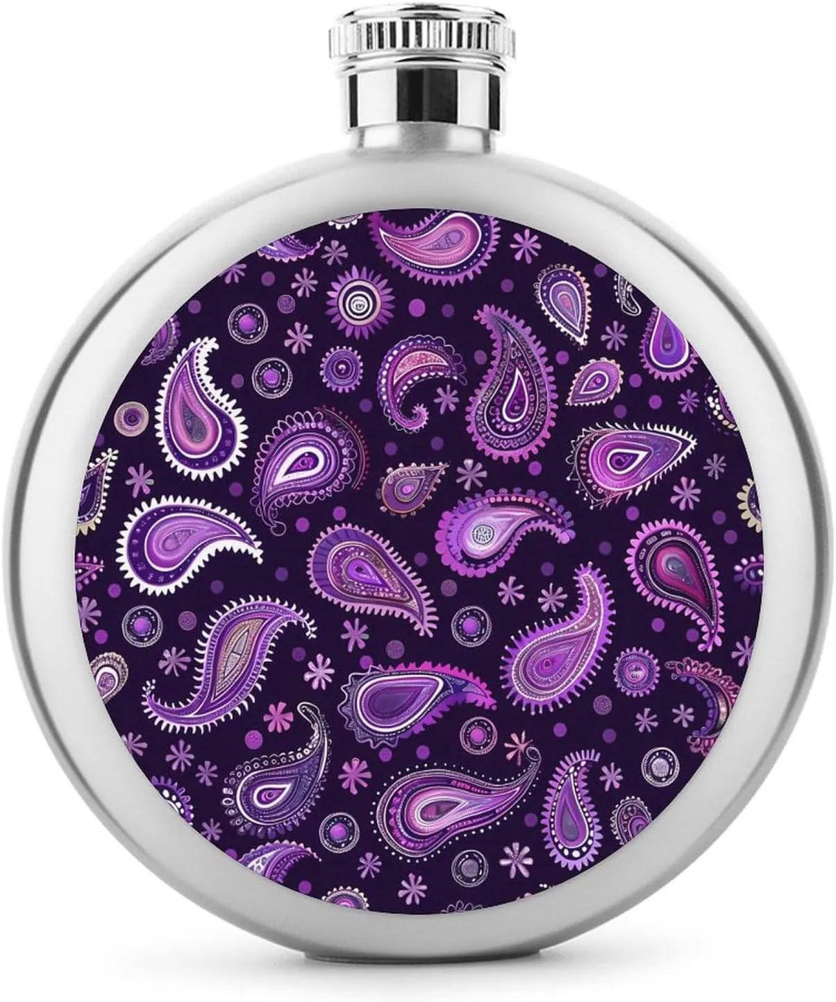 Purple Paisley Pattern Round Wine Flask 5 Oz Mini Portable Stainless Steel Drinking Flasks for Men Women Travel Home Office
