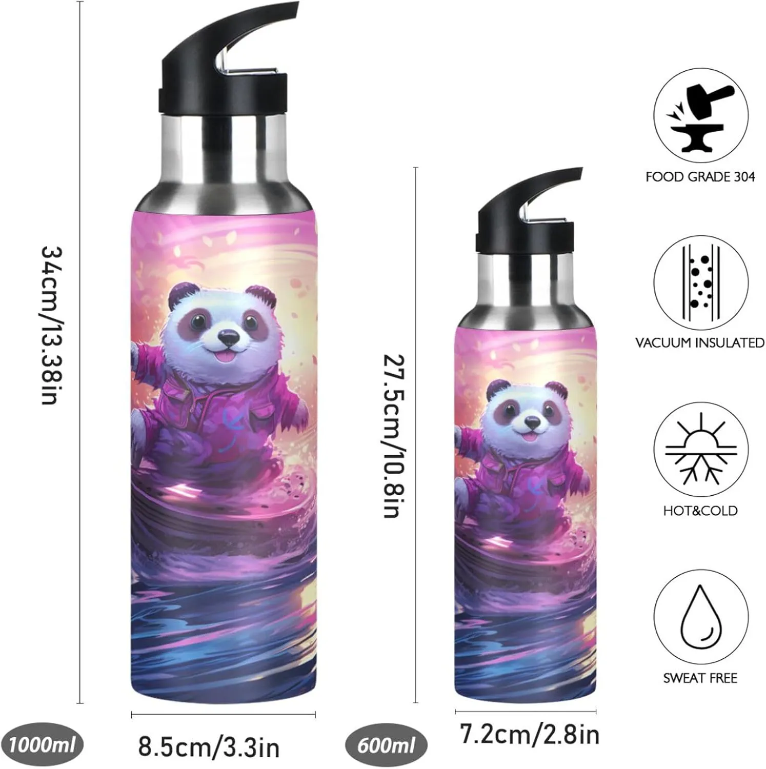 Purple Panda Abstract Surf Sport Water Bottle Insulated Stainless Steel Large Vacuum Flask Leak Proof Thermos with Straw for Travel(600ml/1000ml)