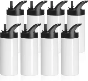 PYD Life 8 Pack Sublimation Sports Kids Water Bottle Blanks Bulk 16 OZ White Stainless Steel Vacuum Flask Tumblers Cups with Sippy Up Lid and Straw for Tumbler Heat Press Sublimation Printing