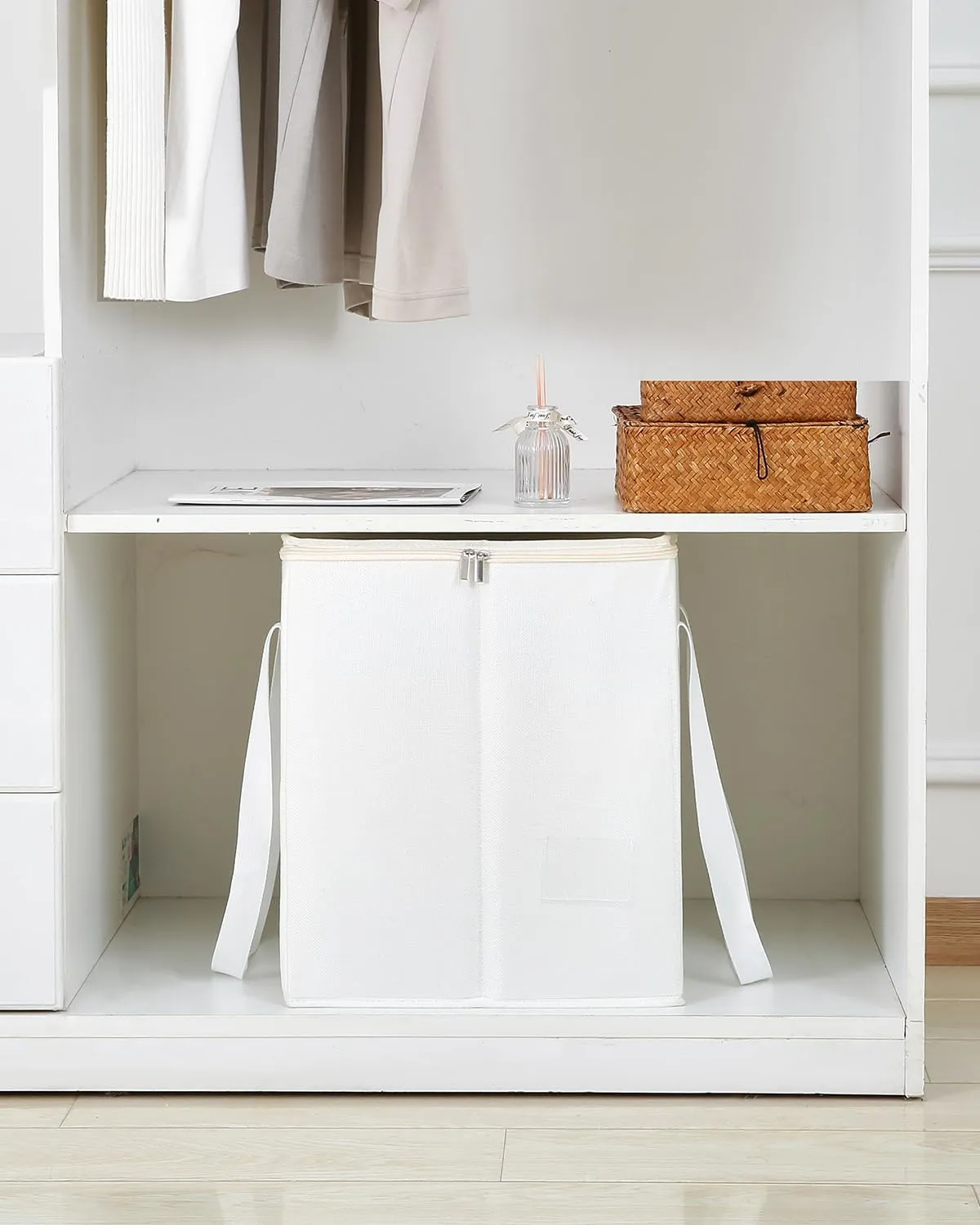 Qozary Clothes Hanger Organizer Bag-Rigid Hanger Storage Holder with Lid for Dustproof, Sturdy Caddy Organizer Box with Handle